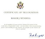 Cold War Certificate of Roger J. Wendell