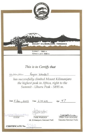 Mount Kilimanjaro Summit Certificate, Roger J. Wendell - 01-05-2003